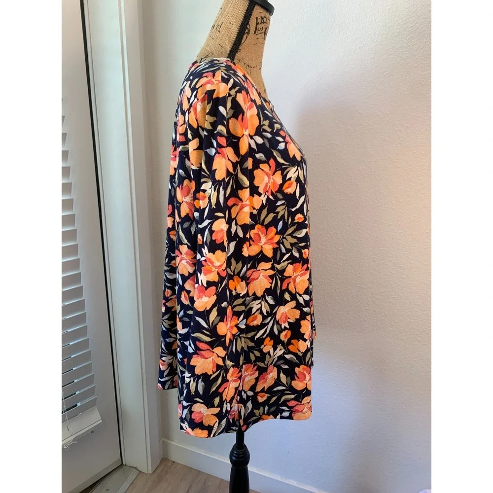 (F-185)Denim & Co Floral Tunic Top Women's Petite XL Navy Orange Long Sleeve QVC